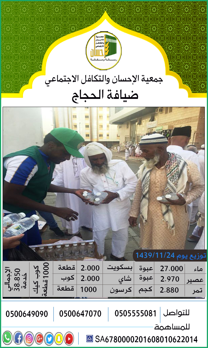 38.850 خدمة سقيا وعصير وتمر للحجاج يوم 24 ذوالقعدة