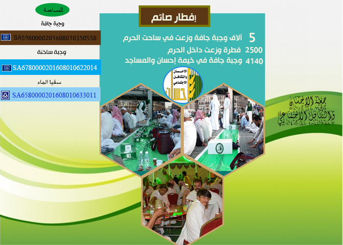 توزيع 5 آلاف وجبة جافة في ساحات الحرم و2500 فطرة داخل الحرم