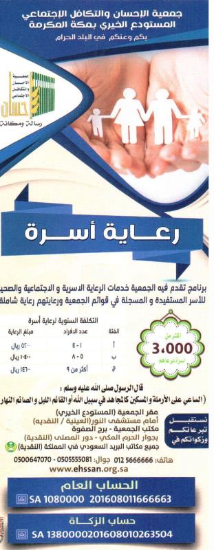 "إحسان" تضخ 1.6 مليون ريال مساعدات مالية لـ 2159 أسرة